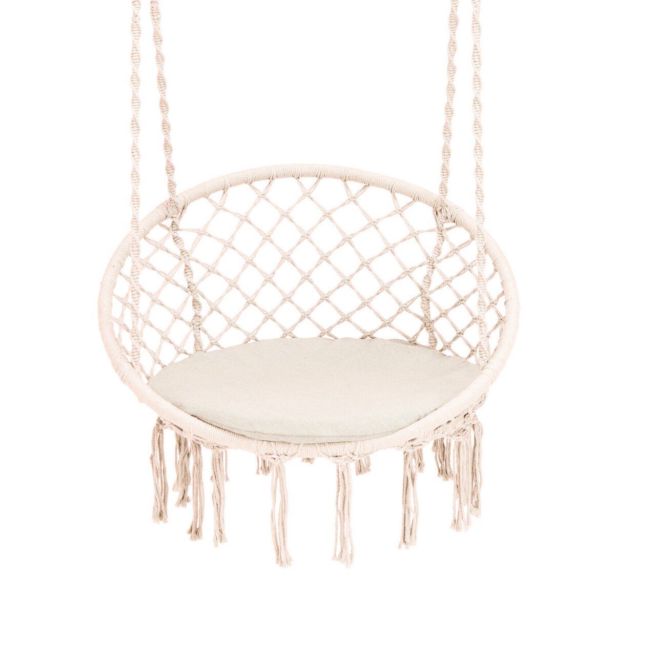 Beige Steel Frame Macrame Hammock Chair with Soft Padded Cushion